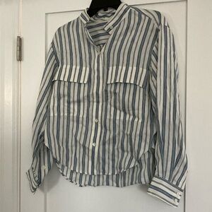 Frame Denim white + blue striped high collared long sleeve oversized blouse